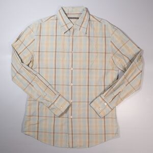 John Varvatos Mens Medium M Button Shirt Plaid Cotton Made in Hong Kong